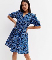 New Look Petite Blue Animal Print Frill Trim Mini Shirt Dress